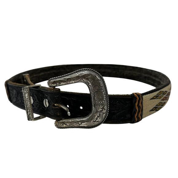 SOLD VTG Native American Braided Horsehair Belt Black Leather Silver Tone - Picture 2 of 6